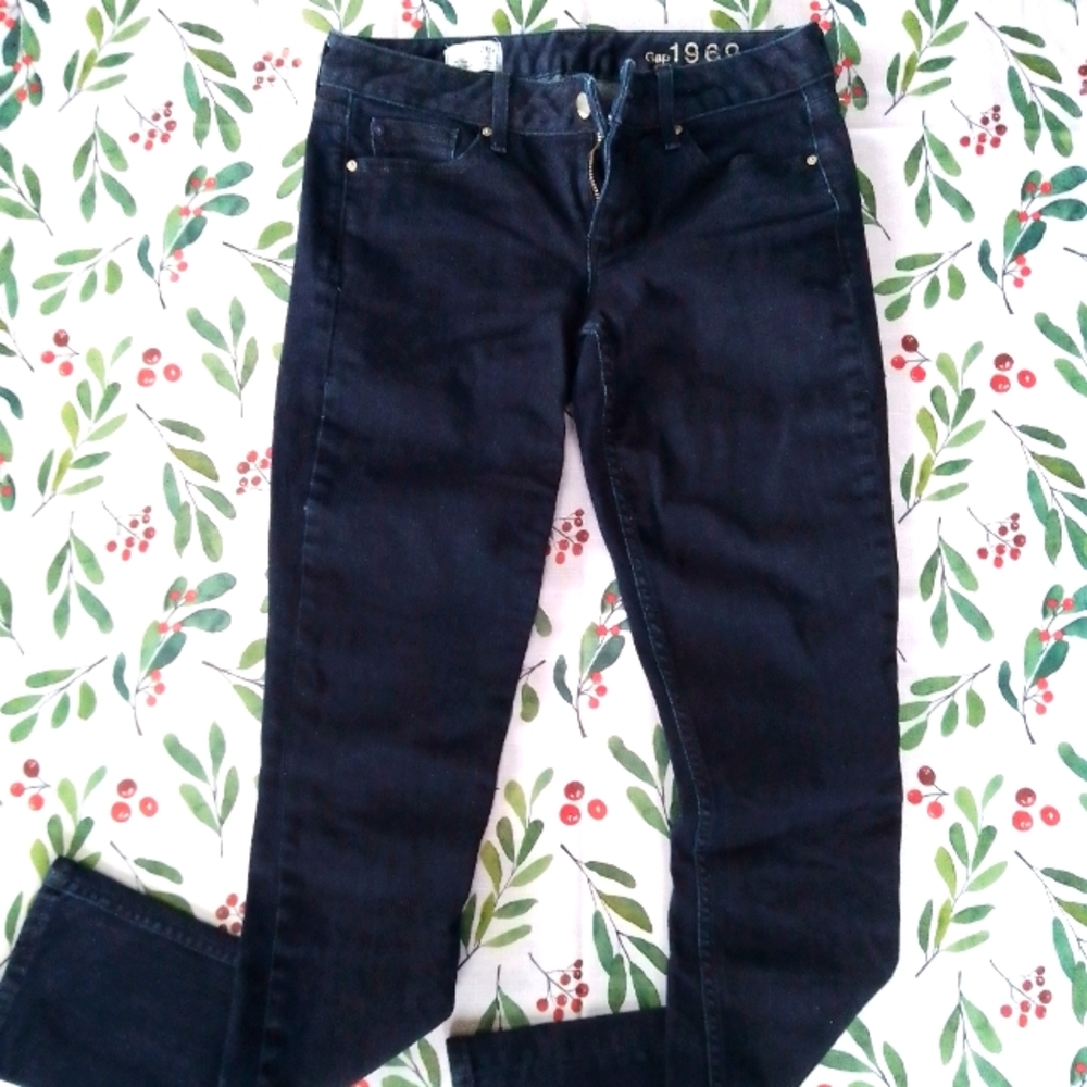 Skinny Leg Denim Jeans, Low Rise, Dark Blue (Size 27)